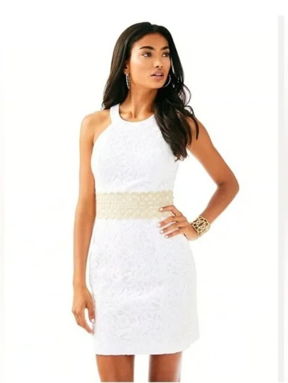 Lilly Pulitzer White Lace Ashlynn Shift Dress With Gold Trim 10 Coquette